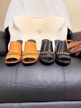 Coach Chain-Trim Open-Toe Mules in Orange and Black